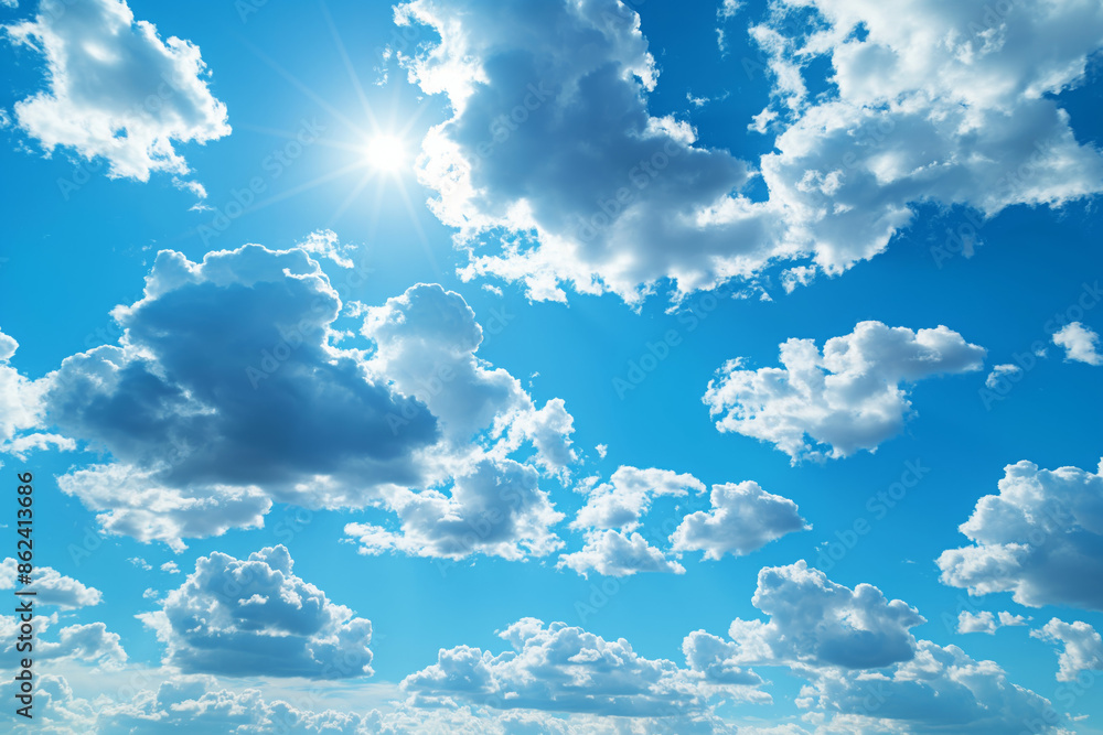 Bright Blue Sky with Fluffy White Clouds and Shining Sun: A High ...