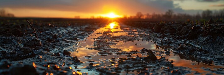 Wall Mural - Sunset Reflection in a Puddle on a Muddy Field