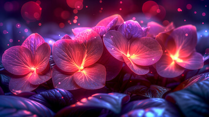 A close up of a bunch of purple flowers with a purple background. The flowers are lit up with a bright, glowing light. Scene is serene and calming, as the flowers seem to be glowing in the dark