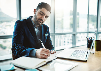 Aufkleber - Laptop, writing and business man in office for financial analysis, company review and proposal. Corporate, consultant and person with notes and computer for online research, website and planning