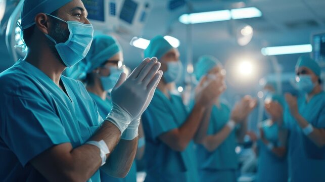 Medical professionals applauding, doctor in foreground, bright hospital setting, mid-angle, realistic photo