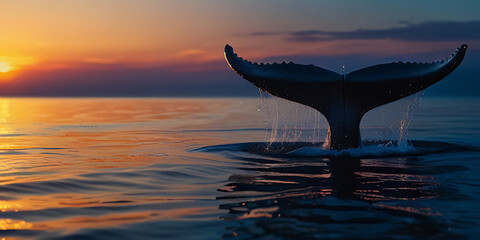 Wall Mural - A humpback whale tail rises above serene ocean waters against a sunset sky. 