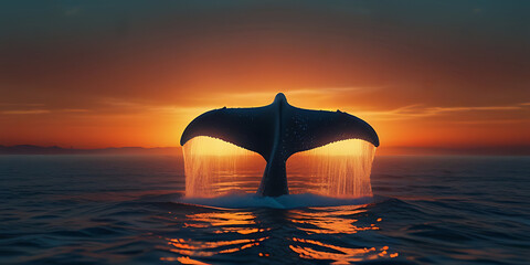 Wall Mural - A humpback whale tail rises above serene ocean waters against a sunset sky. 