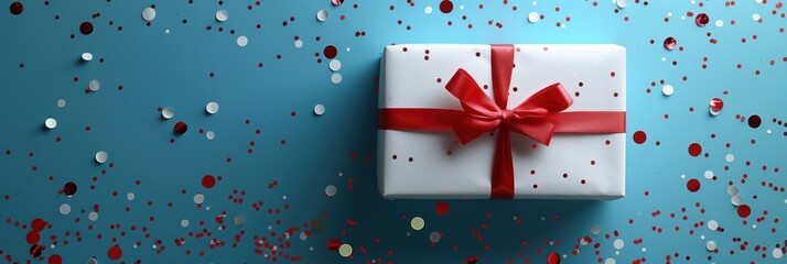 Wall Mural - White Gift Box with Red Bow and Confetti on a Blue Background