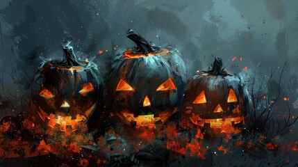 Wall Mural - Three eerie jack-o'-lanterns with glowing faces, set against a dark, ominous background, creating a spooky Halloween scene.