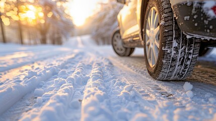 Wall Mural - Close-up of a car driving on a snowy road at sunrise, with tire tracks and a bright, golden sky.