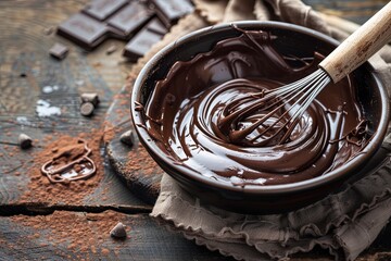 Wall Mural - World Chocolate Day. Melted homemade chocolate cream in bowl with whisk on dark wooden background, selective focus. Greeting card or banner concept. Generative ai