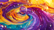 © Pretty Panda - Bright vibrant swirl. Sparkling ink. Flow art. Mixed vivid yellow purple turquoise orange oil droplets twirling on water surface with round shimmer