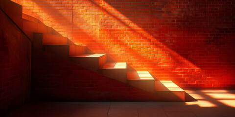 Poster - Sunlit Staircase Against Red Brick Wall with Dramatic Shadows