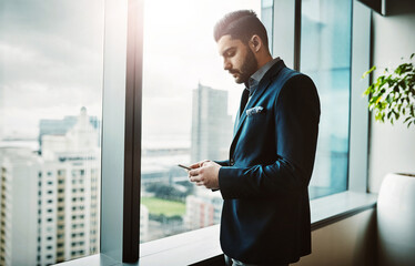 Aufkleber - Office, window and businessman with phone, search or reading social media, newsletter or client communication. Smartphone, research and male entrepreneur with app for email, chat or deal notification