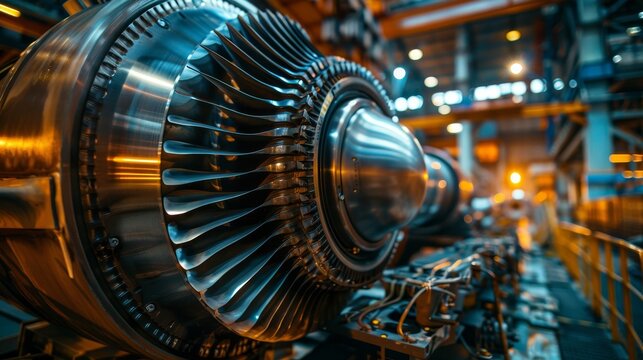Turbine engine close-up, demonstrating precision and power in modern industrial tech, raw and intricate, high detail