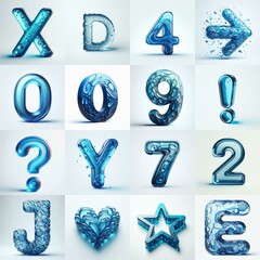 Wall Mural - Blue transparent glass 3D Lettering Typeface. AI generated illustration