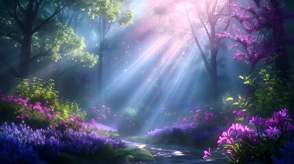 Wall Mural - A magical forest with vibrant, glowing light beams piercing through the colorful foliage, creating an ethereal atmosphere. List of Art Media, Fantasy vibrant ethereal colorful approach