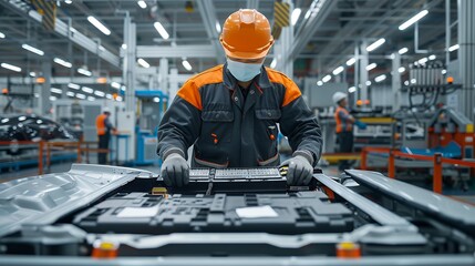 Asian man in a hard hat and uniform working on the battery pack of an electric vehicle at a factory production line for new energy vehicles. Workers inspecting software and cleaning parts with tools t