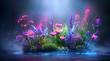 Wall Mural - A celestial garden with vibrant, glowing plants and a divine light illuminating the area in a rainbow of colors. List of Art Media, Fantasy vibrant ethereal colorful approach