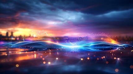 Wall Mural - A tranquil seaside with glowing, colorful waves and beams of light breaking through the sky, creating a fantastical scene. List of Art Media, Fantasy vibrant ethereal colorful approach