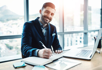 Aufkleber - Laptop, corporate and portrait of businessman writing for financial, company review and planning. Finance consultant, office and person with notes on computer for research, website or internet