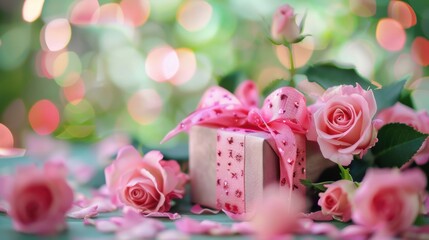 Wall Mural - Close-up of a beautifully wrapped gift box with pink roses and a ribbon, perfect for celebrations and special occasions.