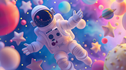 Wall Mural - 3d cartoon astronaut floating in space with stars