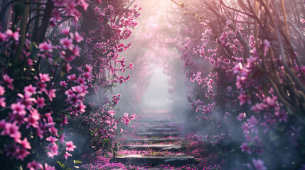 Wall Mural - 3D forest path with magical vines and flowers on isolate