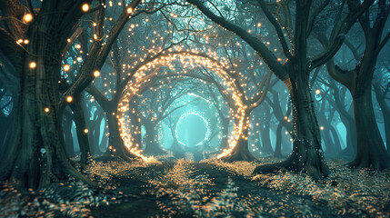 Wall Mural - 3d enchanted forest with a sparkling fairy circle