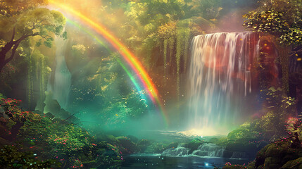 Wall Mural - A rainbow stretches gracefully over a tranquil waterfall, bright colors reflected in the water. under the beautiful sky