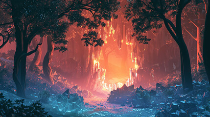 Wall Mural - 3d Forest with a magical hidden cave with glowing crystal