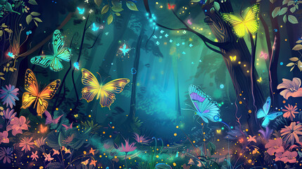 Wall Mural - enchanted forest with luminescent butterflies and flower