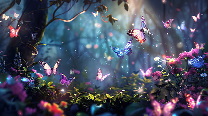 Wall Mural - enchanted forest with luminescent butterflies and flower