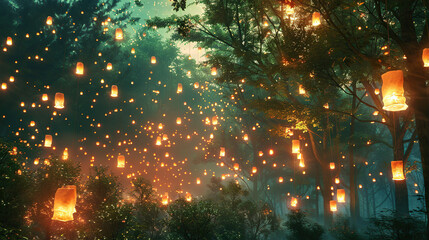 Wall Mural - Magical forest with a floating glowing lanterns on isolate