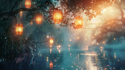 Wall Mural - magical forest with a floating glowing lanterns on isolate