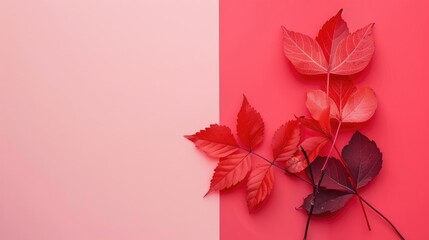 Minimal autumn composition with red leaves on a matching background