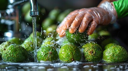 Hand wearing a glove washing fresh green limes under running water in a kitchen sink, ensuring cleanliness and hygiene.