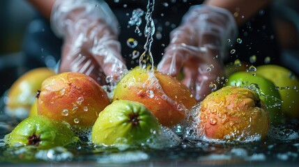 Hands wearing gloves washing apples and pears under running water, emphasizing cleanliness and hygiene of fresh fruits.