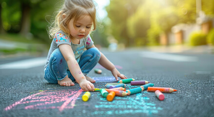 Wall Mural - A young child drawing with chalks on the asphalt, colorful crayons scattered around them.