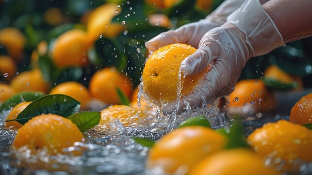 Fresh oranges being washed by hand. A close-up view of oranges being cleaned with water, showcasing agriculture and fruit hygiene.