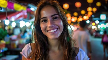 Wall Mural - A woman with long brown hair is smiling at the camera. Generate AI image