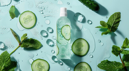 Wall Mural - A bottle of green essence toner with cucumber and mint on a blue background, surrounded by water drops and sliced cucumbers