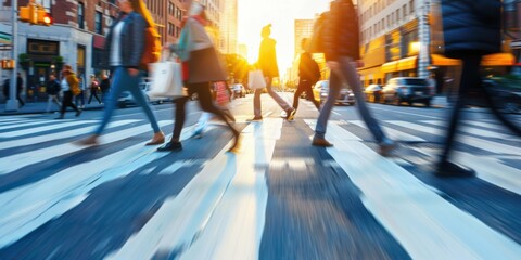 Poster - A group of people walking across a street in the city. AI.