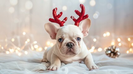 Wall Mural - A small white dog with red antlers sitting on a bed. AI.