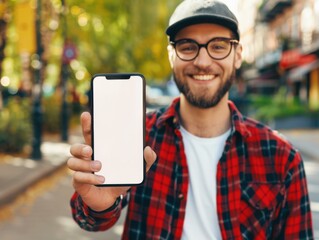 Poster - A man in a plaid shirt holding up an phone. AI.