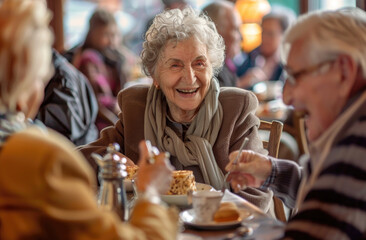 Wall Mural - Elderly friends having a tea party at a senior living facility, smiling and laughing together while eating snacks at a table with other guests around them