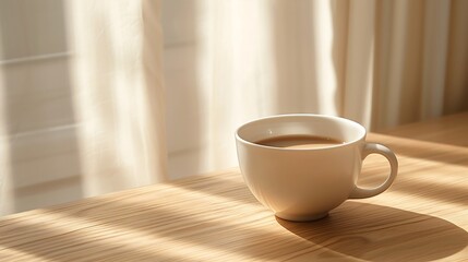 Wall Mural - cup resting on a light wooden table, with the left side intentionally left empty for adding text, graphics