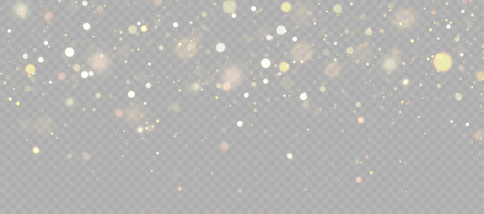 Leinwandbilder - Gold dust light bokeh. Christmas glowing bokeh and glitter overlay texture for your design on a transparent background. Golden particles abstract vector background.	