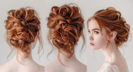 Wall Mural - Three photos of a beautiful woman with updo hair, one photo from the back and two from different angles. 