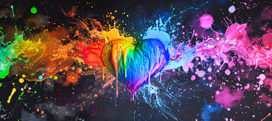 Wall Mural - A vibrant, abstract painting depicting a rainbow heart exploding in a flurry of colorful splashes against a black background