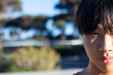 Wall Mural - Looking at camera, Asian teenage boy outdoors, enjoying sunny day, copy space