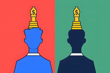 Abstract illustration of two silhouettes with dollar symbols on head, representing financial decisions and wealth concepts.