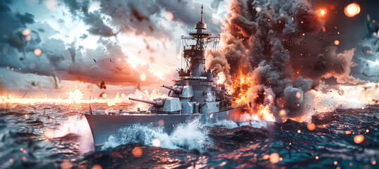 A warship battles through a chaotic sea during a fierce naval engagement, smoke and flames billowing around the vessel