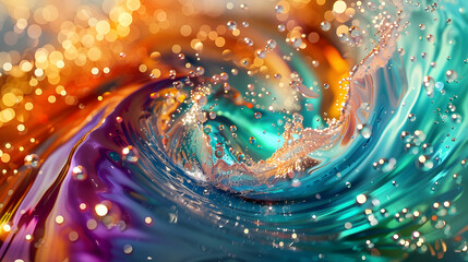 Wall Mural - Radiant color wave. Shiny paint. Flow art. Combined bright teal magenta orange green liquid bubbles swirling on water surface with round glitter